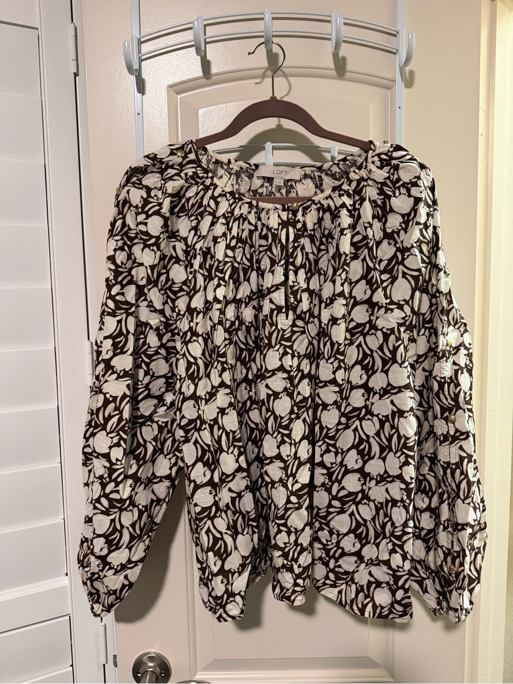 LOFT Brown and Cream Floral Peasant Blouse